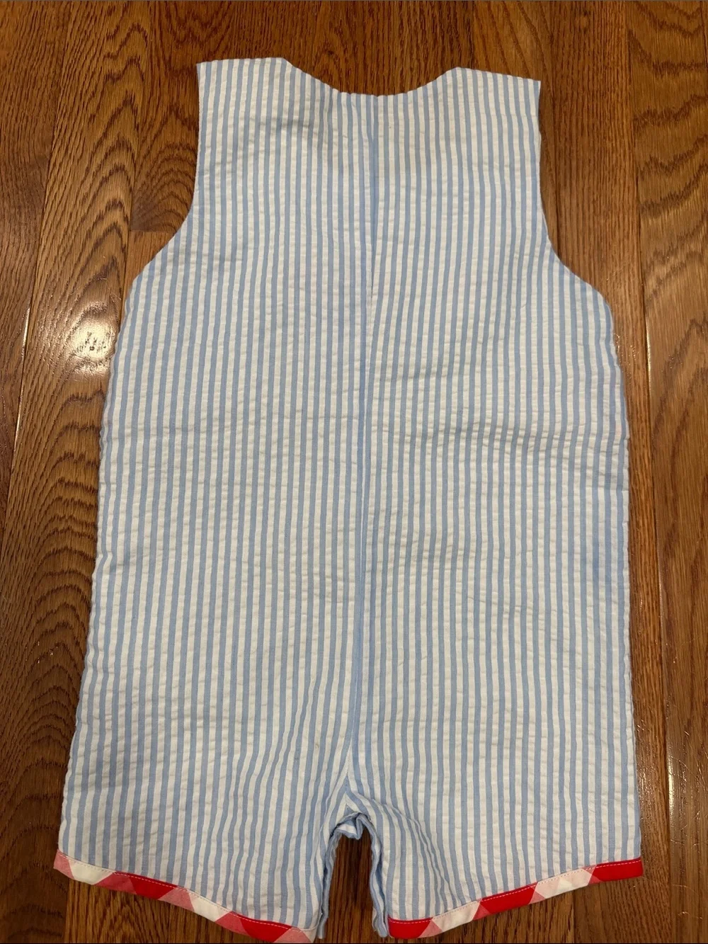 The Smocked Bear Blue & White Seersucker Popsicle Shortall